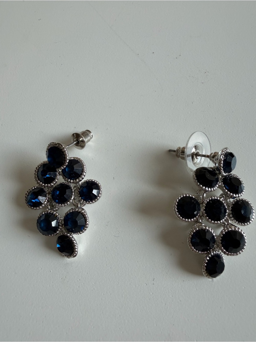 Silver Drop Earrings with Dark Blue Gemstone Clusters